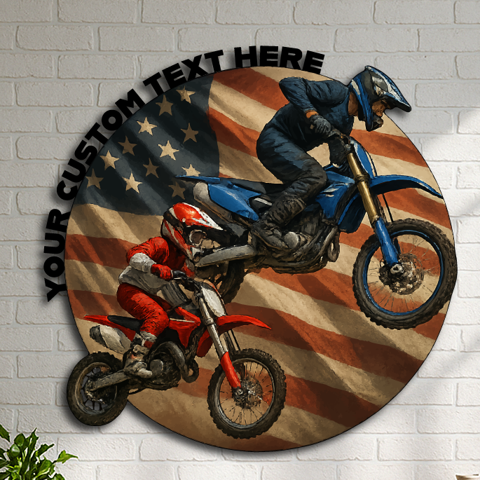 Personalized Motocross Father & Child with American Flag – Custom Name Metal Wall Art