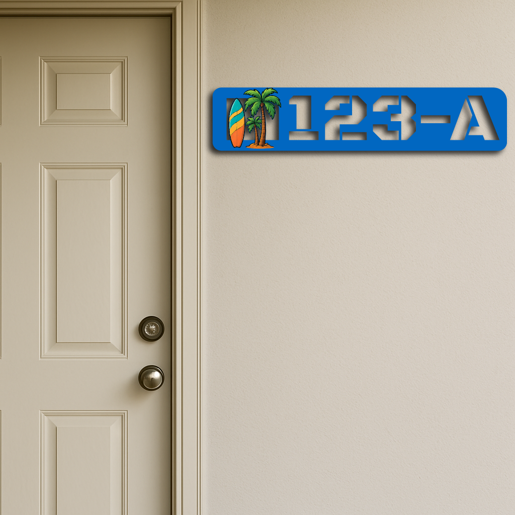 Custom Palm Tree & Surfboard Metal House Number Sign – Coastal Beach Address Plaque