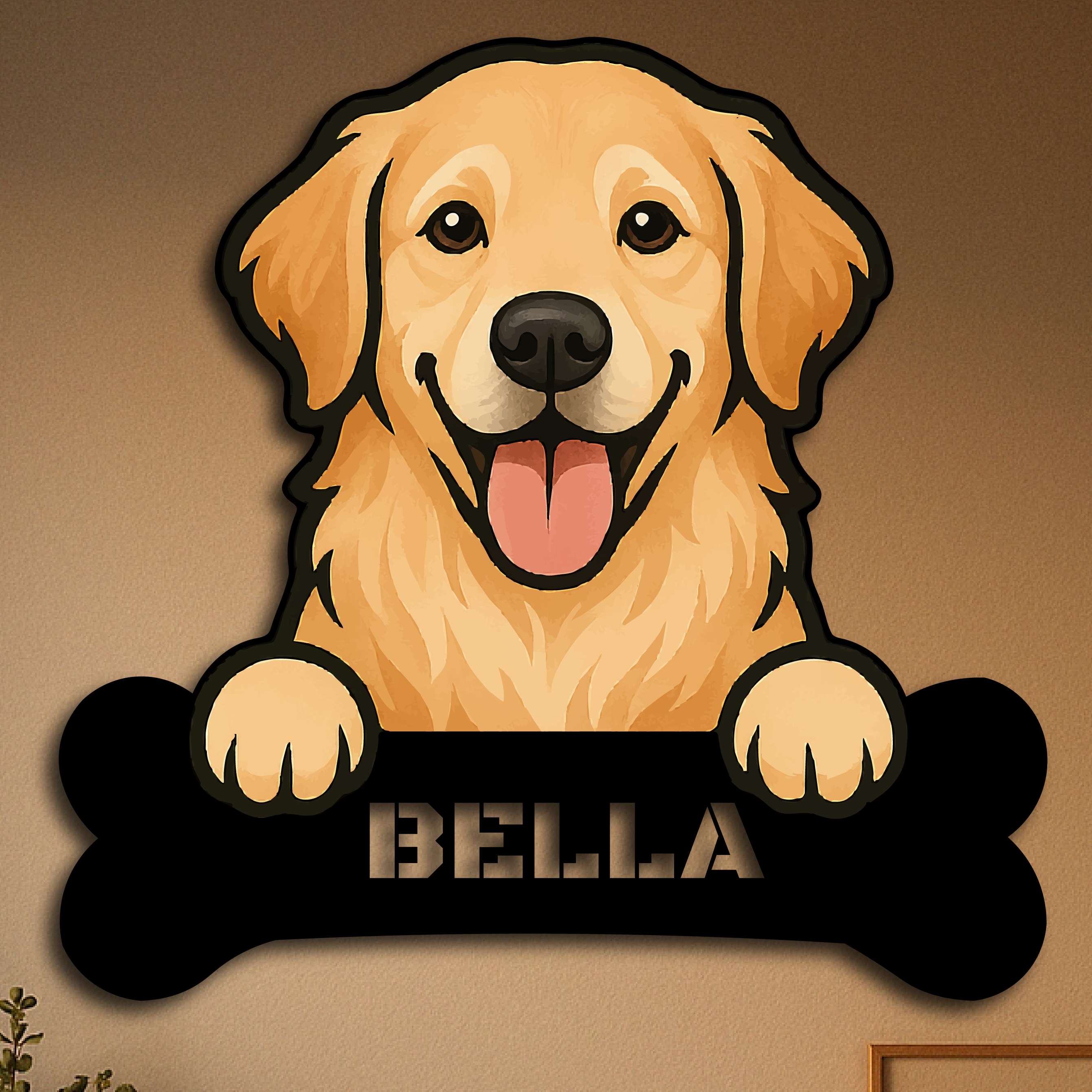 Custom Golden Retriever Dog Name Sign – Personalized Metal Wall Art with Bone Plaque