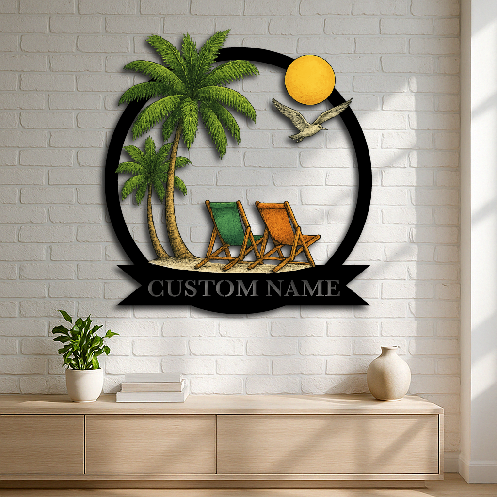 Custom Tropical Beach Scene Metal Wall Art – Personalized Paradise Décor