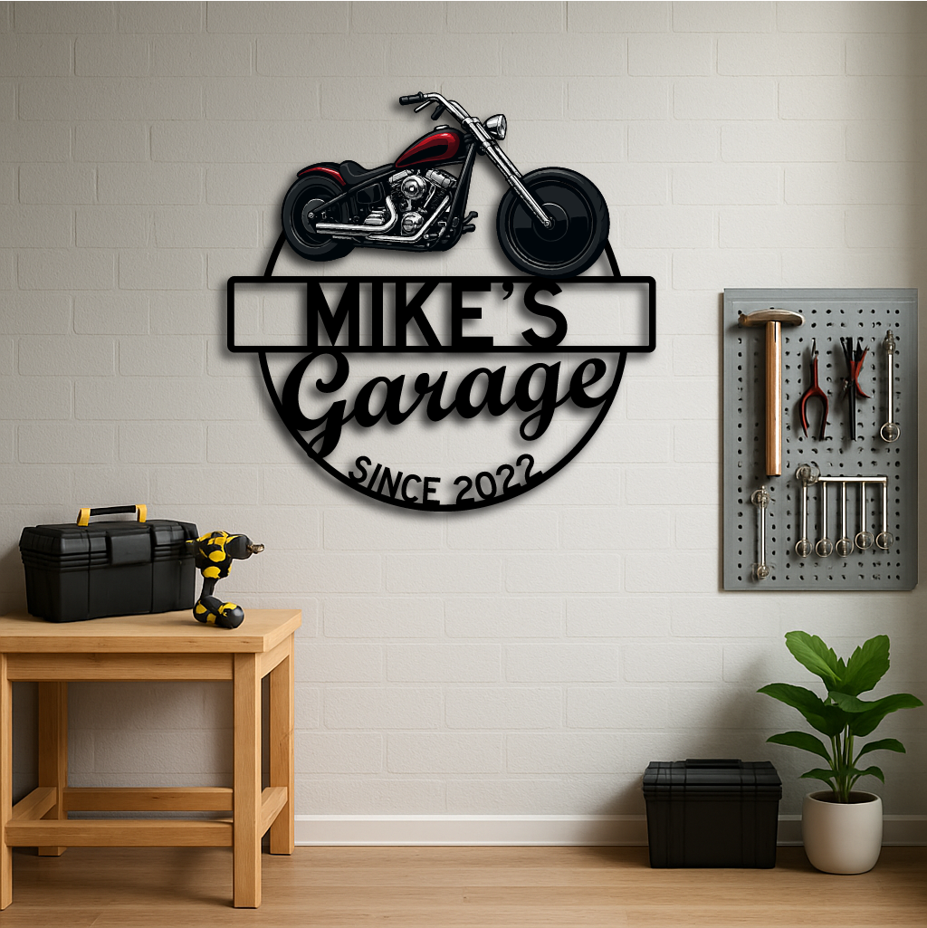 Personalized Motorcycle Garage Metal Sign – Custom Name & Year