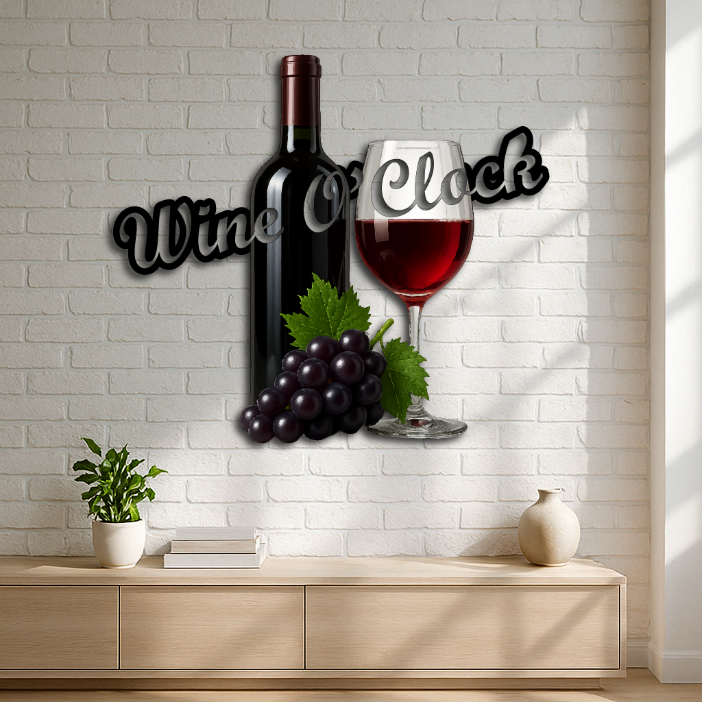 Wine O’Clock Metal Wall Art – Elegant Wine Bottle & Glass Design