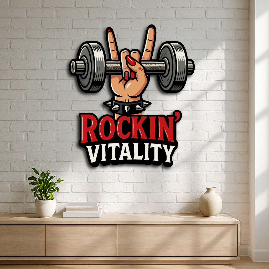 Rockin’ Vitality Gym Wall Art – Metal Fitness Sign with Dumbbell and Rock Hand Design