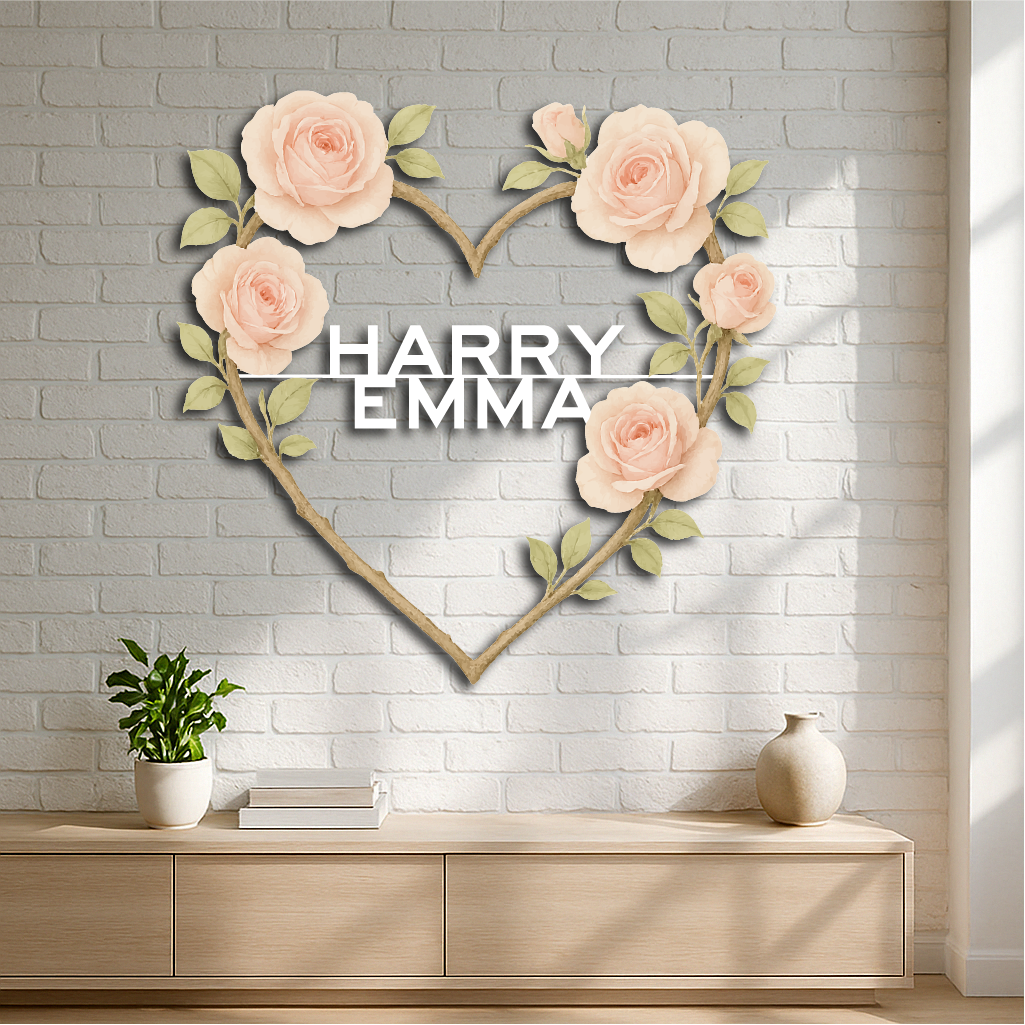 Personalized Floral Heart Metal Sign – Custom Names