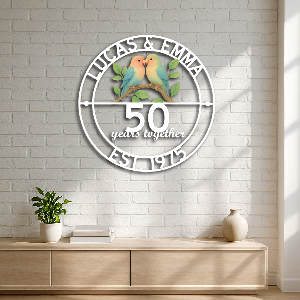 Personalized Lovebirds Anniversary Metal Sign – Custom Names & Year