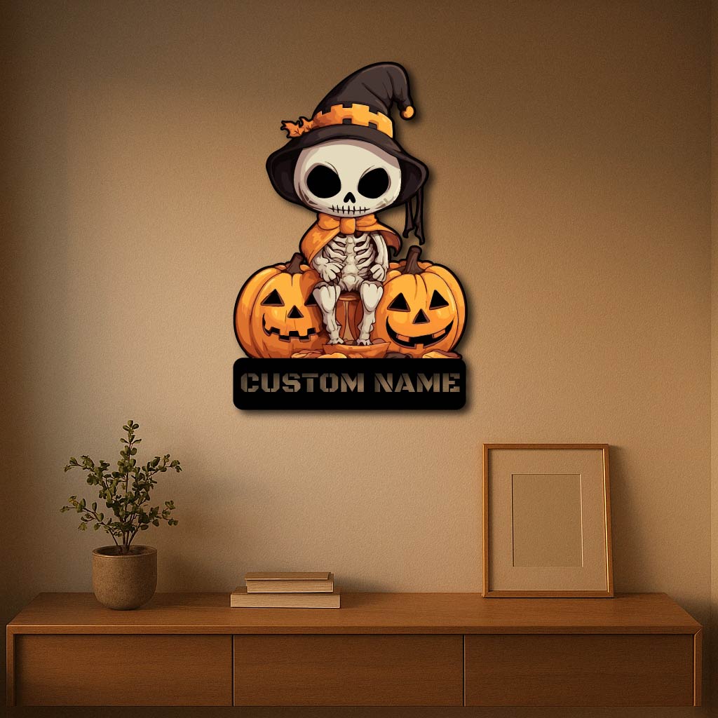 Personalized Skeleton Halloween Metal Wall Art – Custom Name Pumpkin Decor