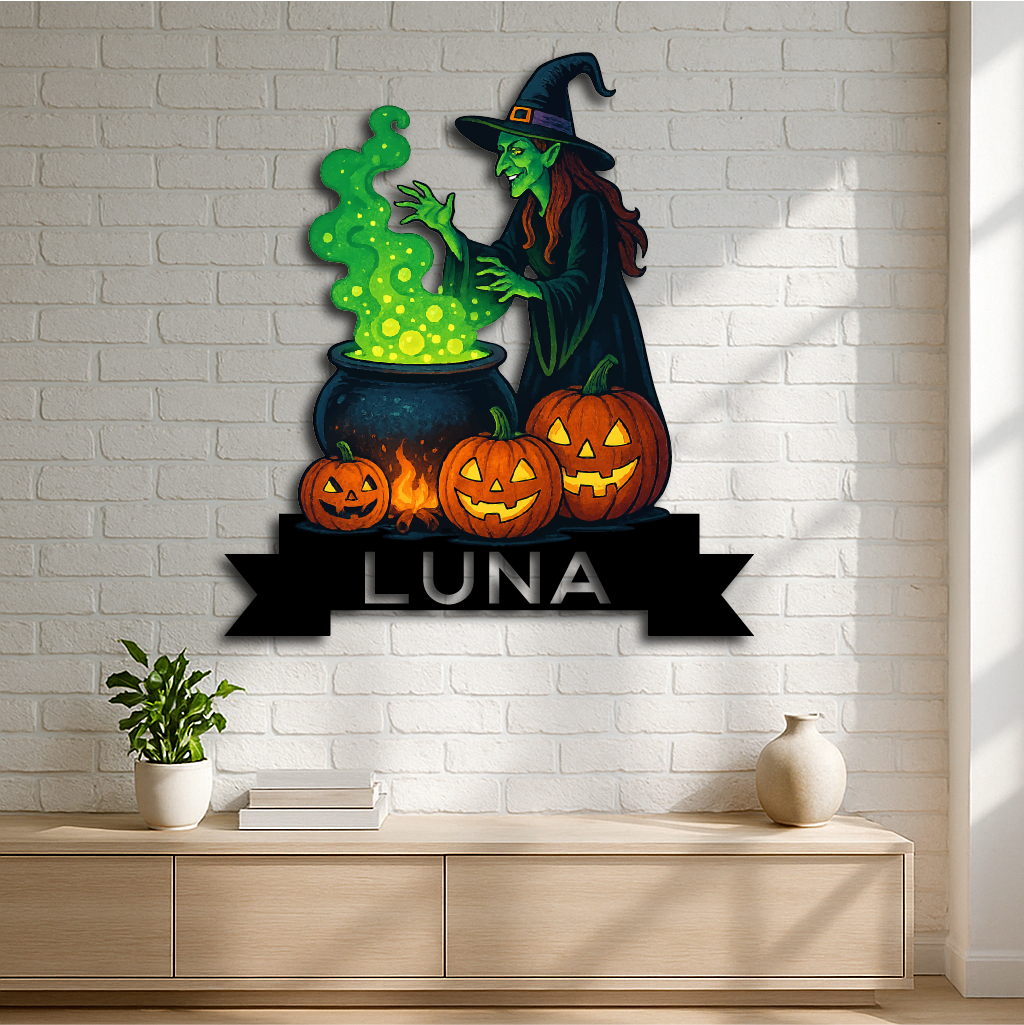 Personalized Halloween Witch & Cauldron Metal Sign – Custom Name