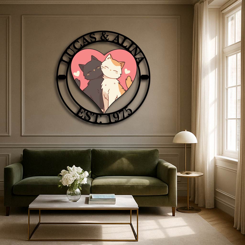 Personalized Couple Cat Metal Wall Sign – Custom Name & Date Romantic Décor