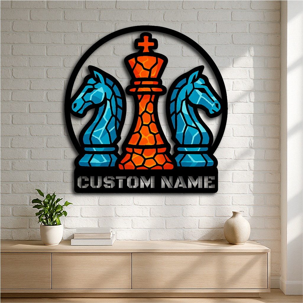 Custom Chess Wall Art Sign – Personalized Metal Chess Decor with King & Knight Design