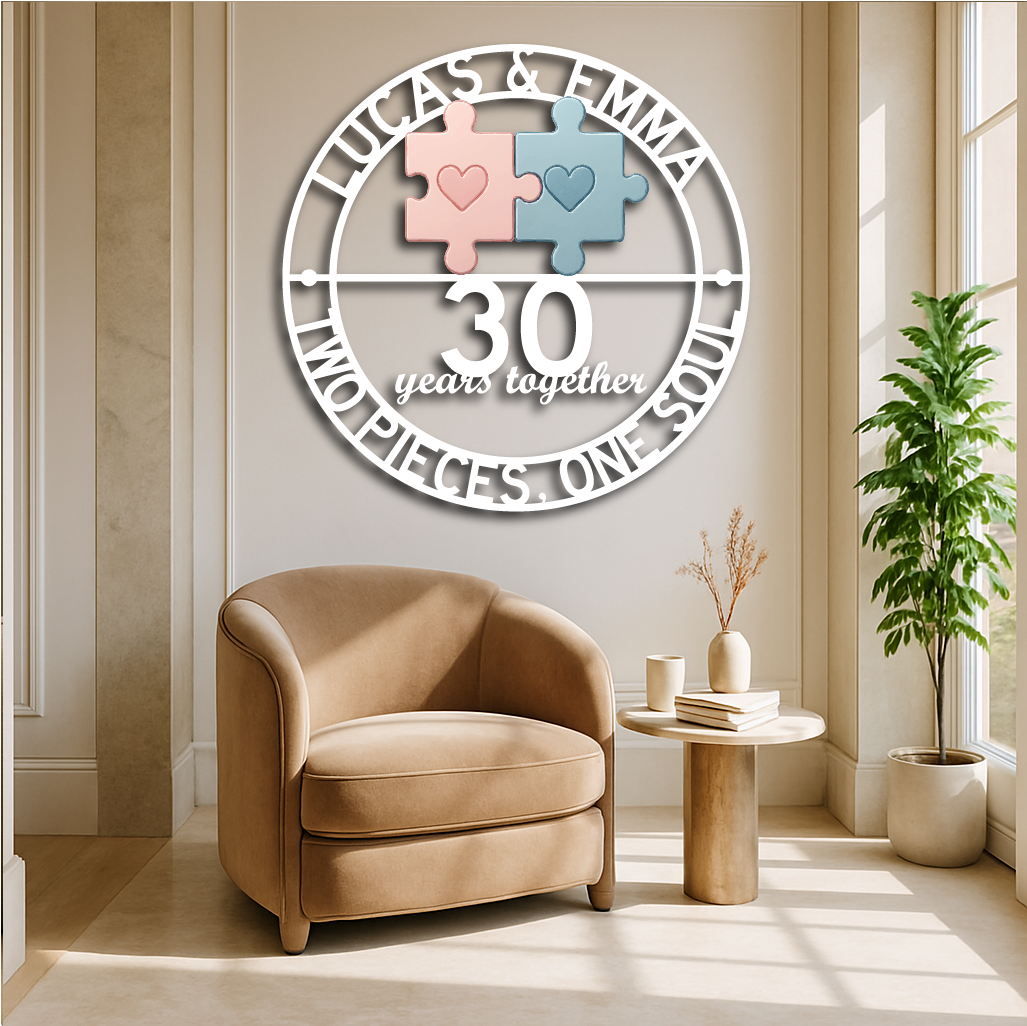 Personalized Puzzle Piece Anniversary Metal Sign – Custom Names & Year