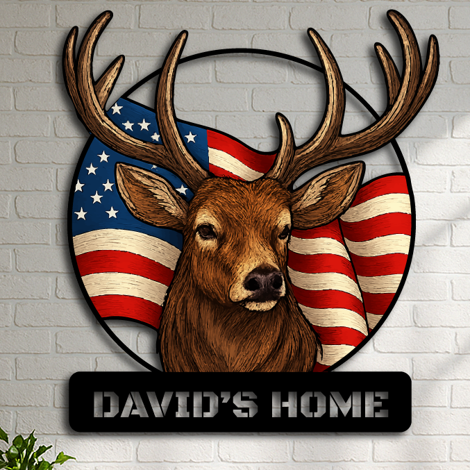 Patriotic Deer Custom Metal Wall Sign – Rustic American Flag Decor