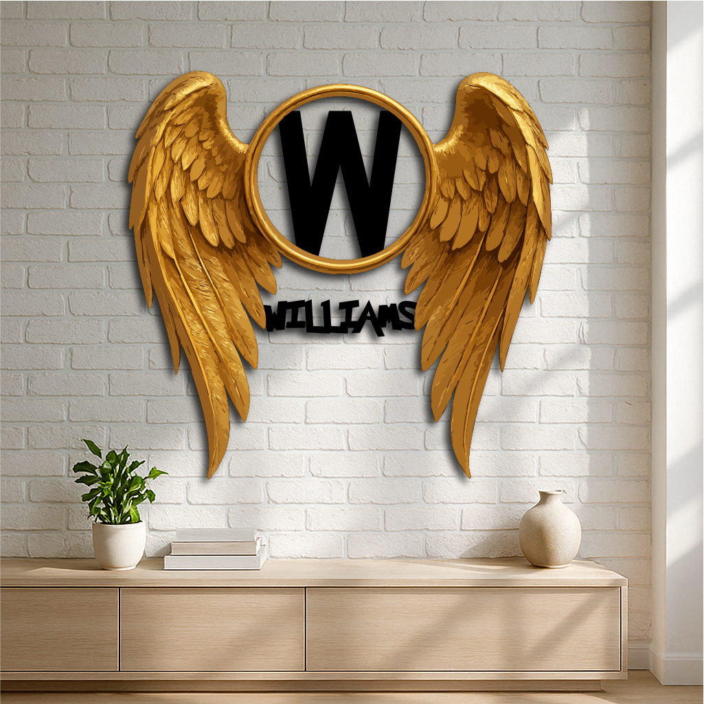 Custom Angel Wings Metal Wall Art – Personalized Initial and Name Sign with Golden Wing Design