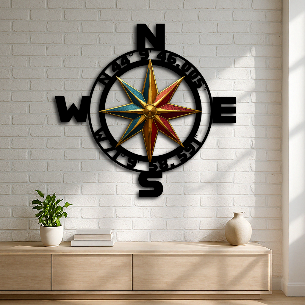 Customizable Coordinates Nautical Compass Metal Wall Art