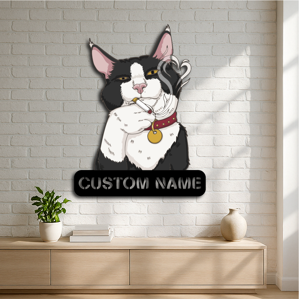 Cool Cat Smoking Metal Wall Art – Custom Name Sign
