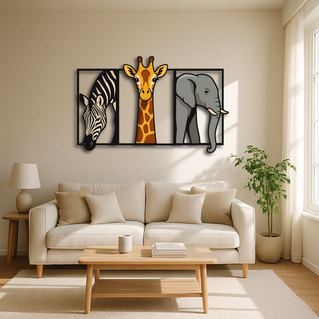 Safari Animal Trio Metal Wall Art — Zebra, Giraffe & Elephant