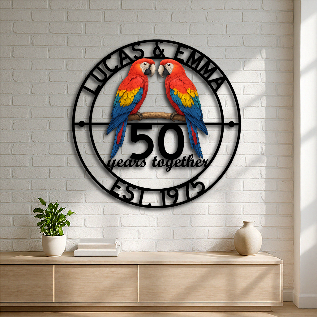 Custom Parrot Couple Metal Wall Art – Personalized Anniversary Sign