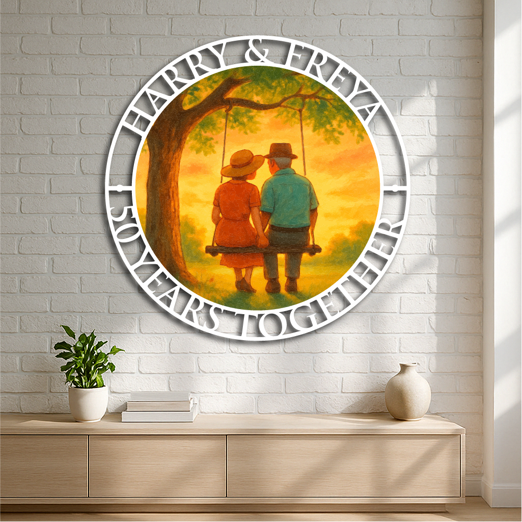 Personalized Couple on Swing Anniversary Metal Wall Art – Romantic Sunset Scene