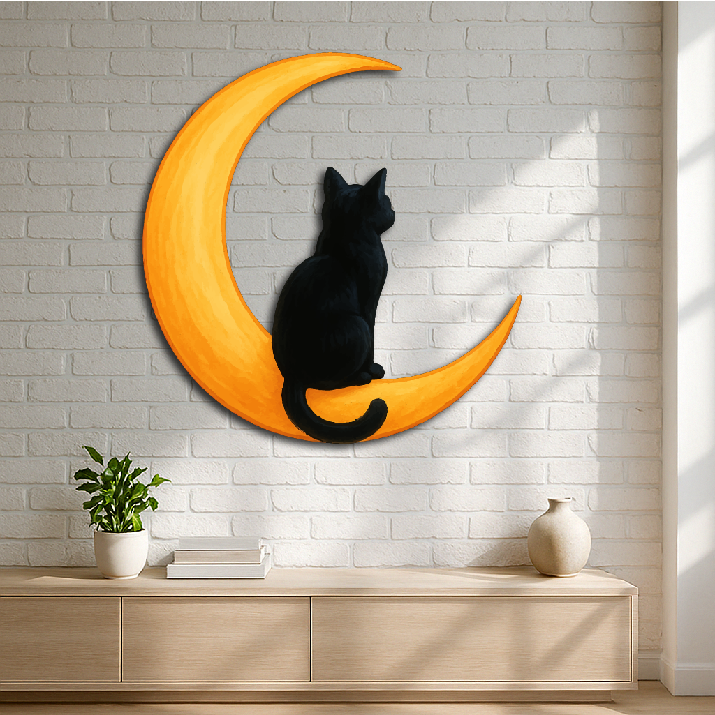 Black Cat on Crescent Moon Metal Wall Art