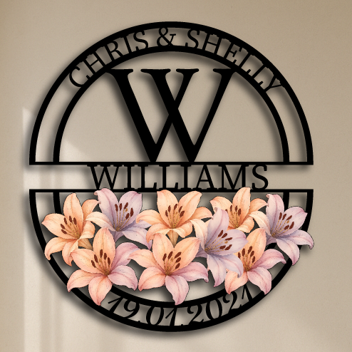 Custom Floral Metal Name Sign – Wedding Date & Family Monogram Wall Art