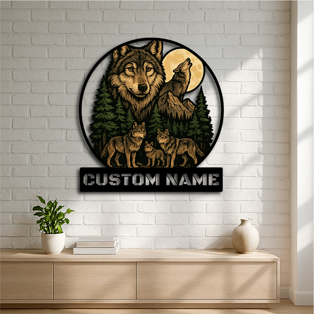 Custom Wolf Family Metal Wall Art – Personalized Wilderness Wolf Sign with Moon and Forest Design