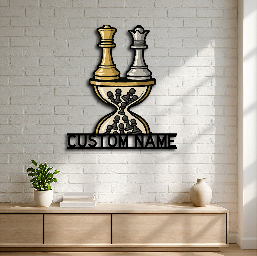 Custom Chess Hourglass Wall Art – Personalized Metal Chess Sign with King & Queen Design