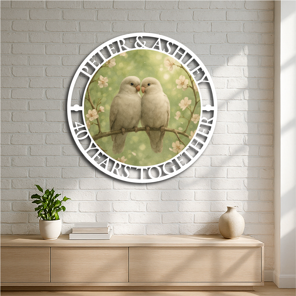 Personalized Lovebirds Anniversary Metal Wall Art – Custom Bird Couple Design