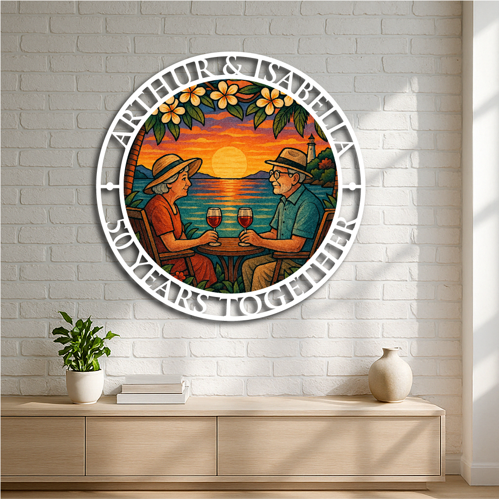 Personalized Anniversary Sunset Metal Wall Art – Custom Couple Wine Sunset Scene
