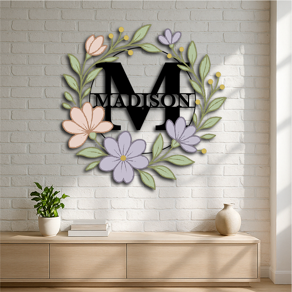 Floral Monogram Metal Wall Art – Personalized Family Name Sign