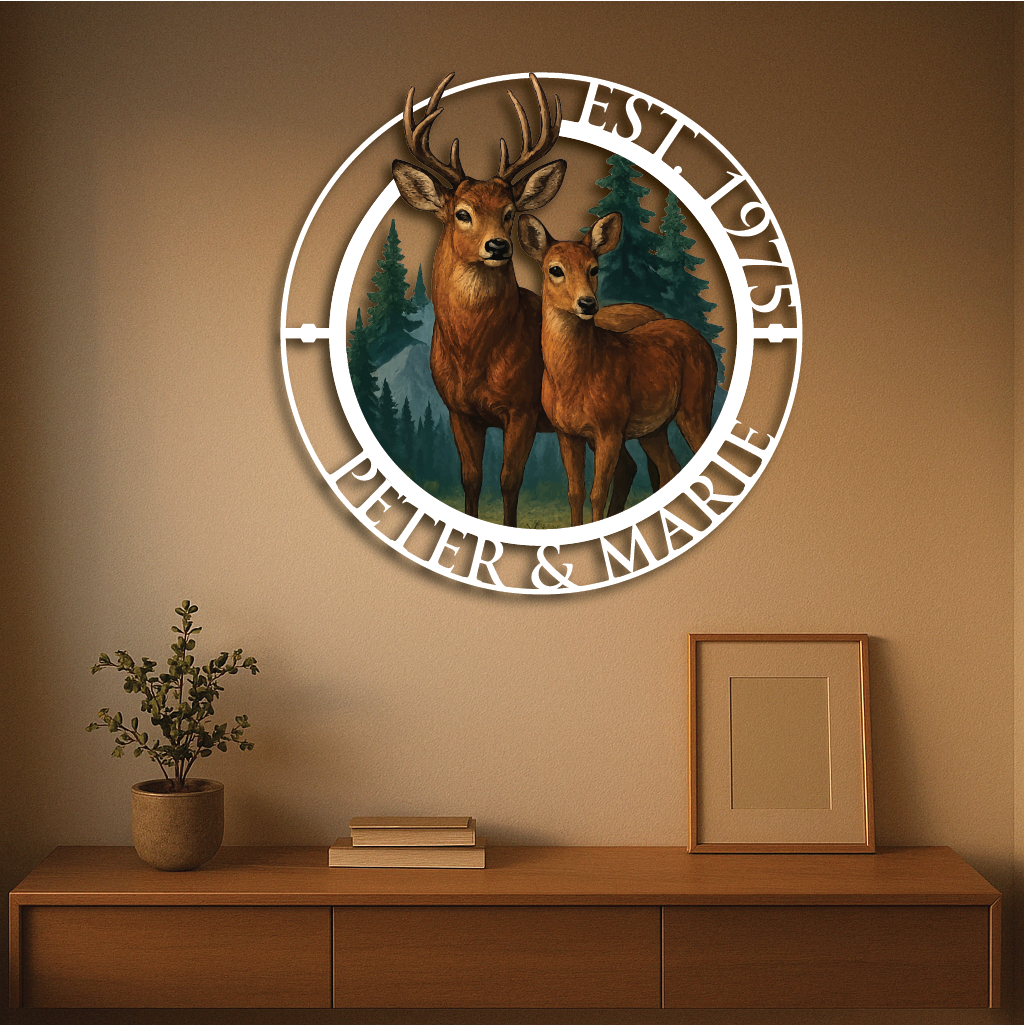 Personalized Deer Couple with Forest Background – Custom Name & Date Metal Wall Art