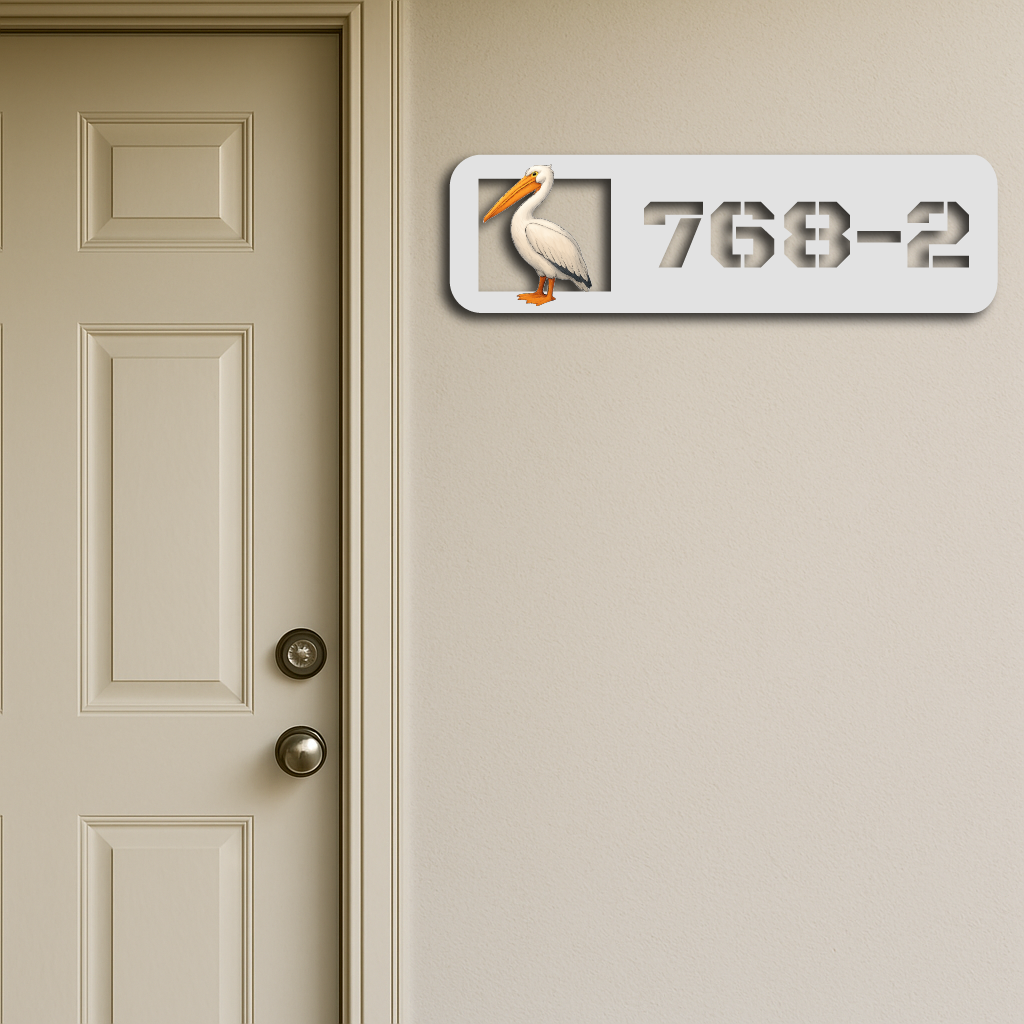 Custom Pelican House Number Sign – Coastal Seaside Metal Address Plaque