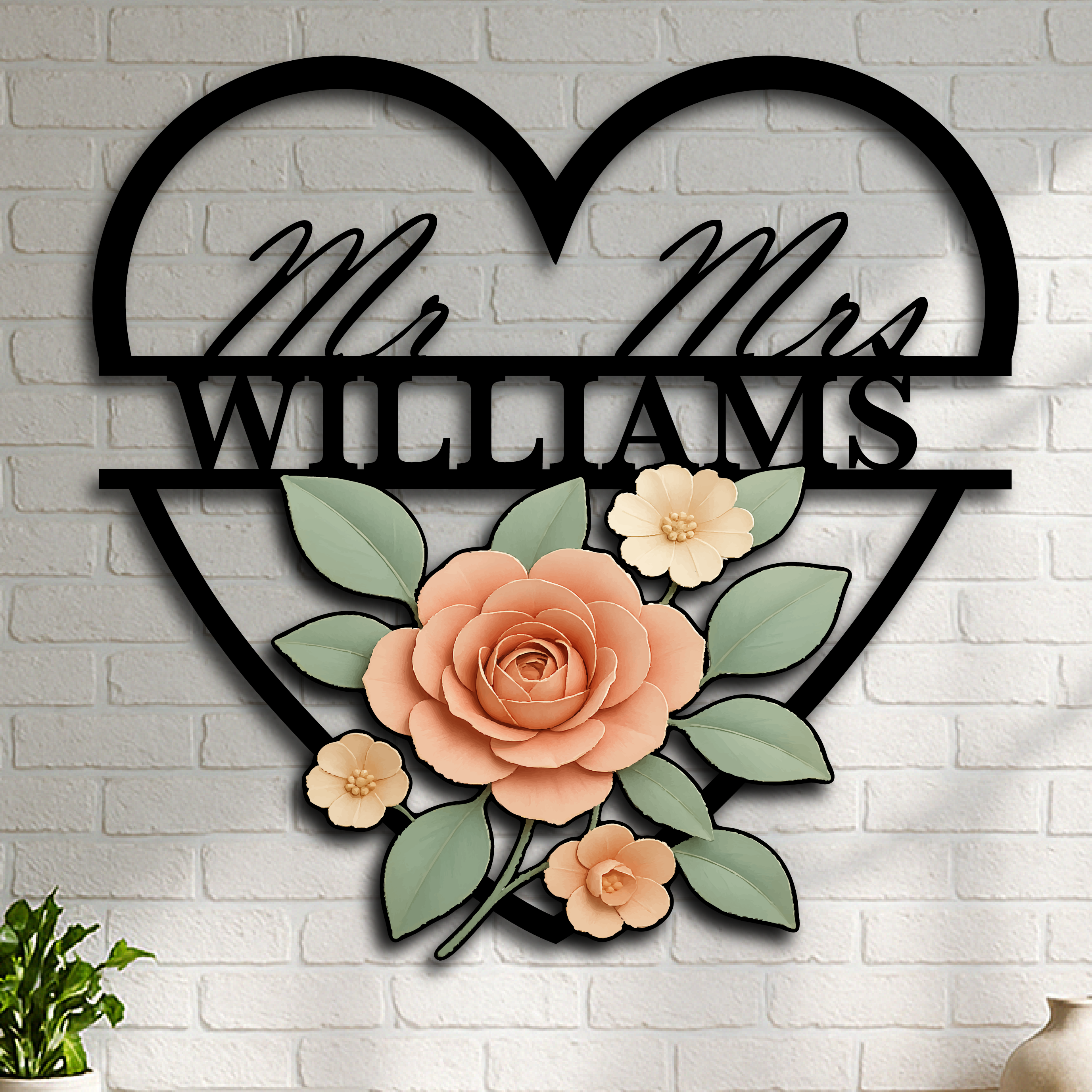 Personalized Mr & Mrs Heart Floral Metal Sign – Romantic Custom Name Wall Decor for Home or Garden