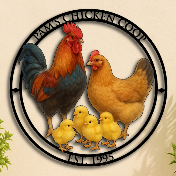 Custom Chicken Coop Sign – Personalized Rooster & Hen with Chicks Metal Farmhouse Decor
