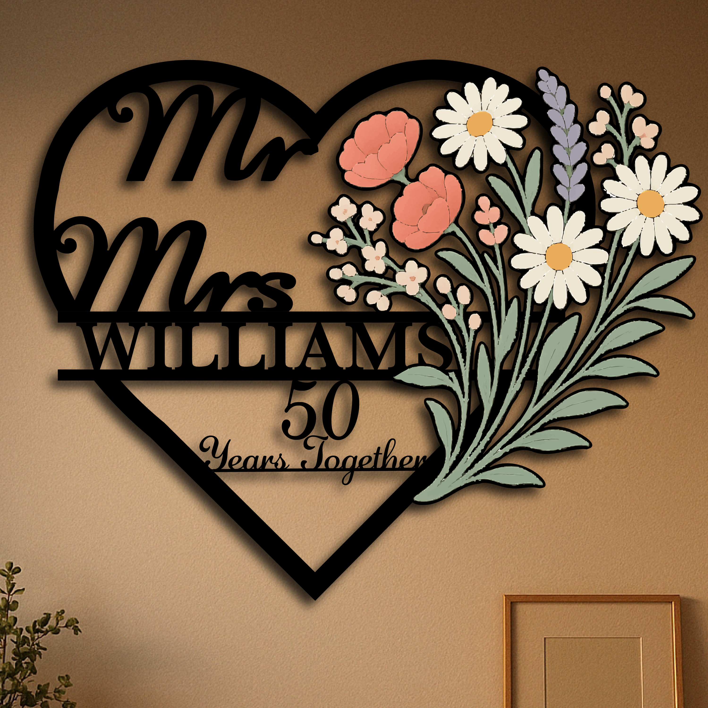 Personalized Anniversary Heart Sign – Mr & Mrs Floral Metal Wall Art with Custom Name