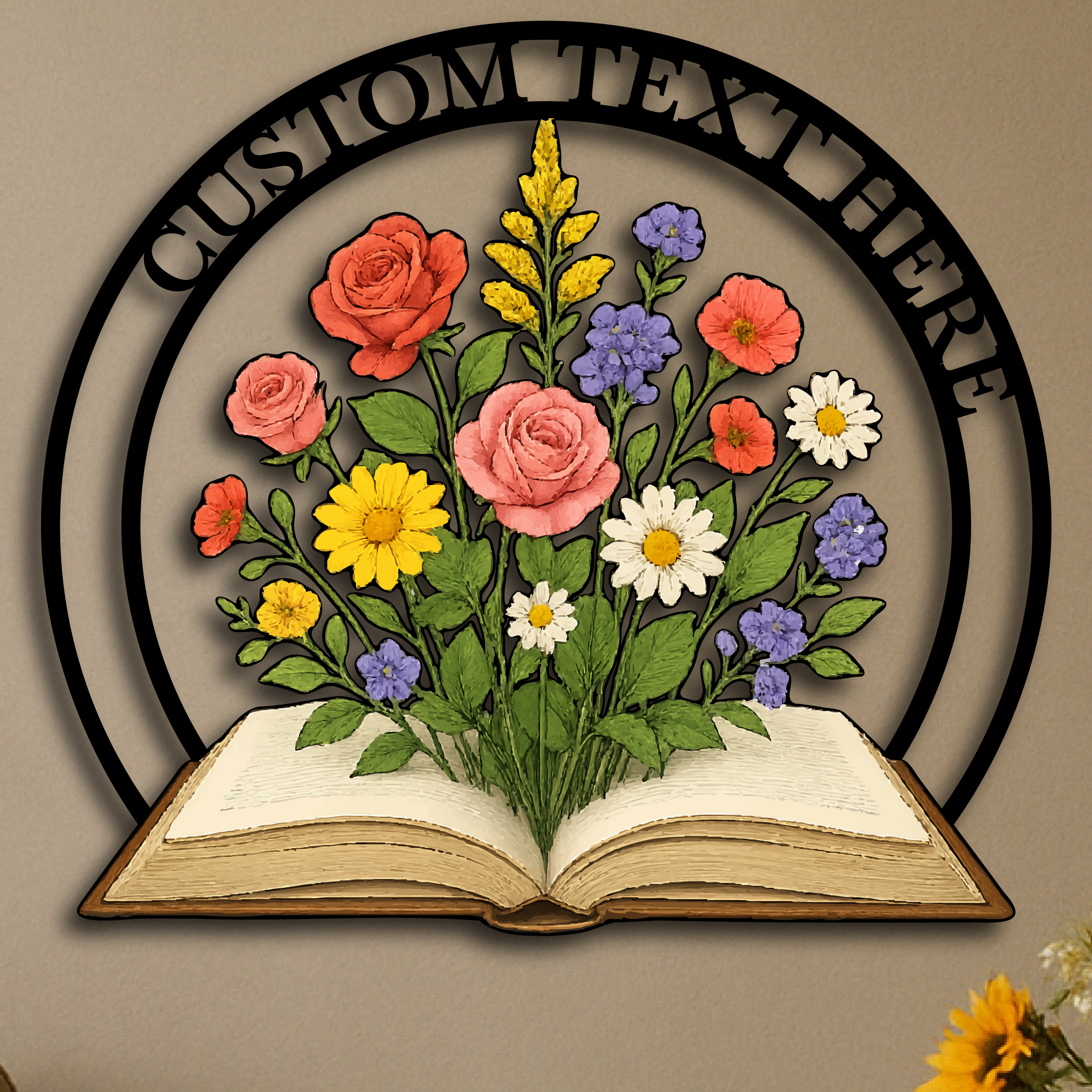 Custom Floral Book Wall Sign – Personalized Metal Art with Blooming Flowers & Text