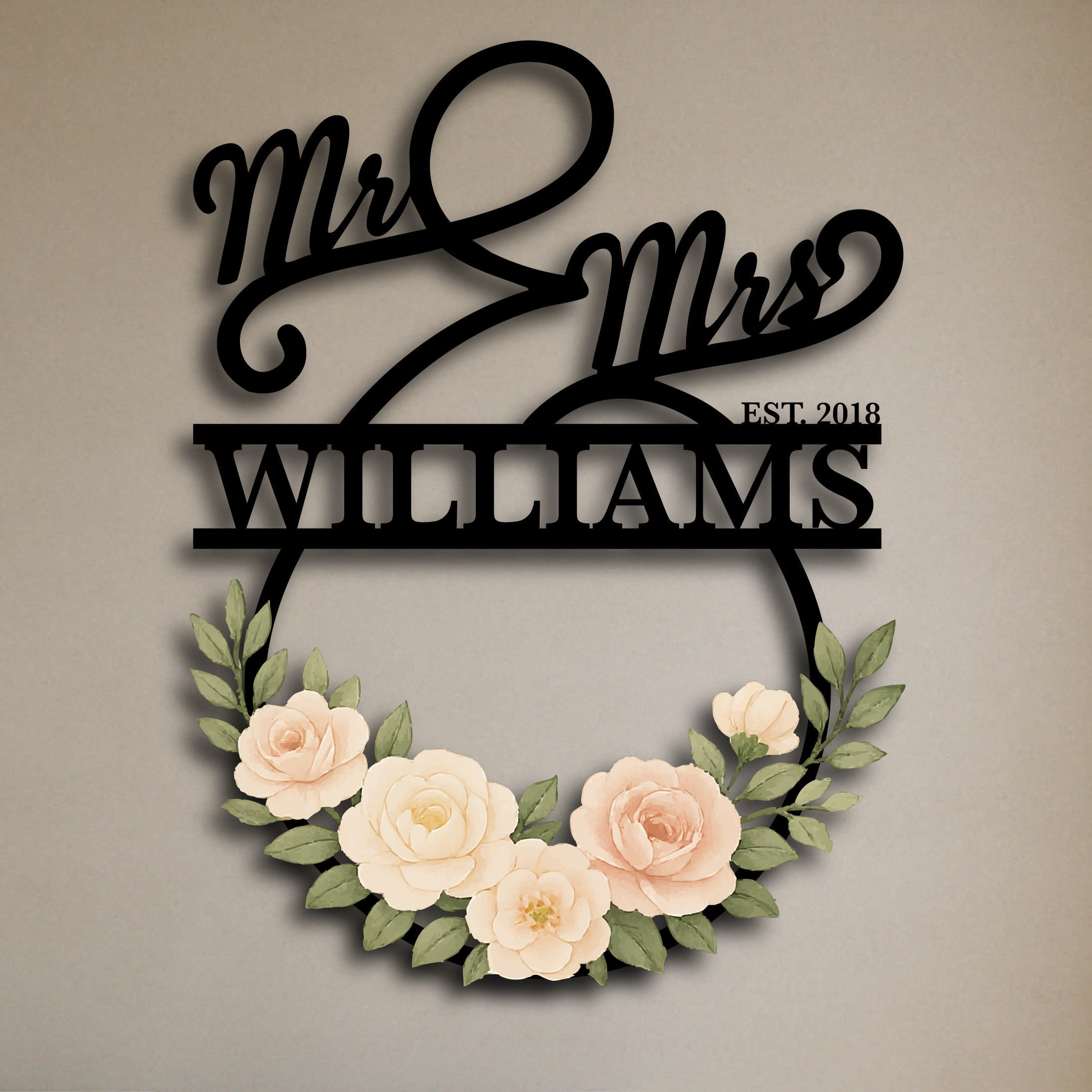 Mr & Mrs Established Floral Wreath Sign – Personalized Last Name Metal Wall Art for Couples