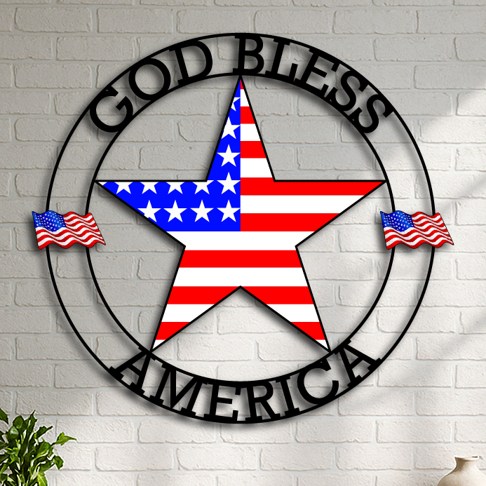 God Bless America Metal Wall Sign – Patriotic Star with Flags