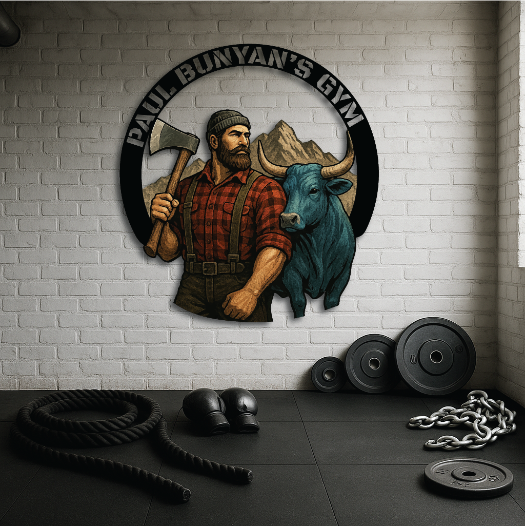 Paul Bunyan’s Gym Rustic Metal Wall Art – Customizable Text
