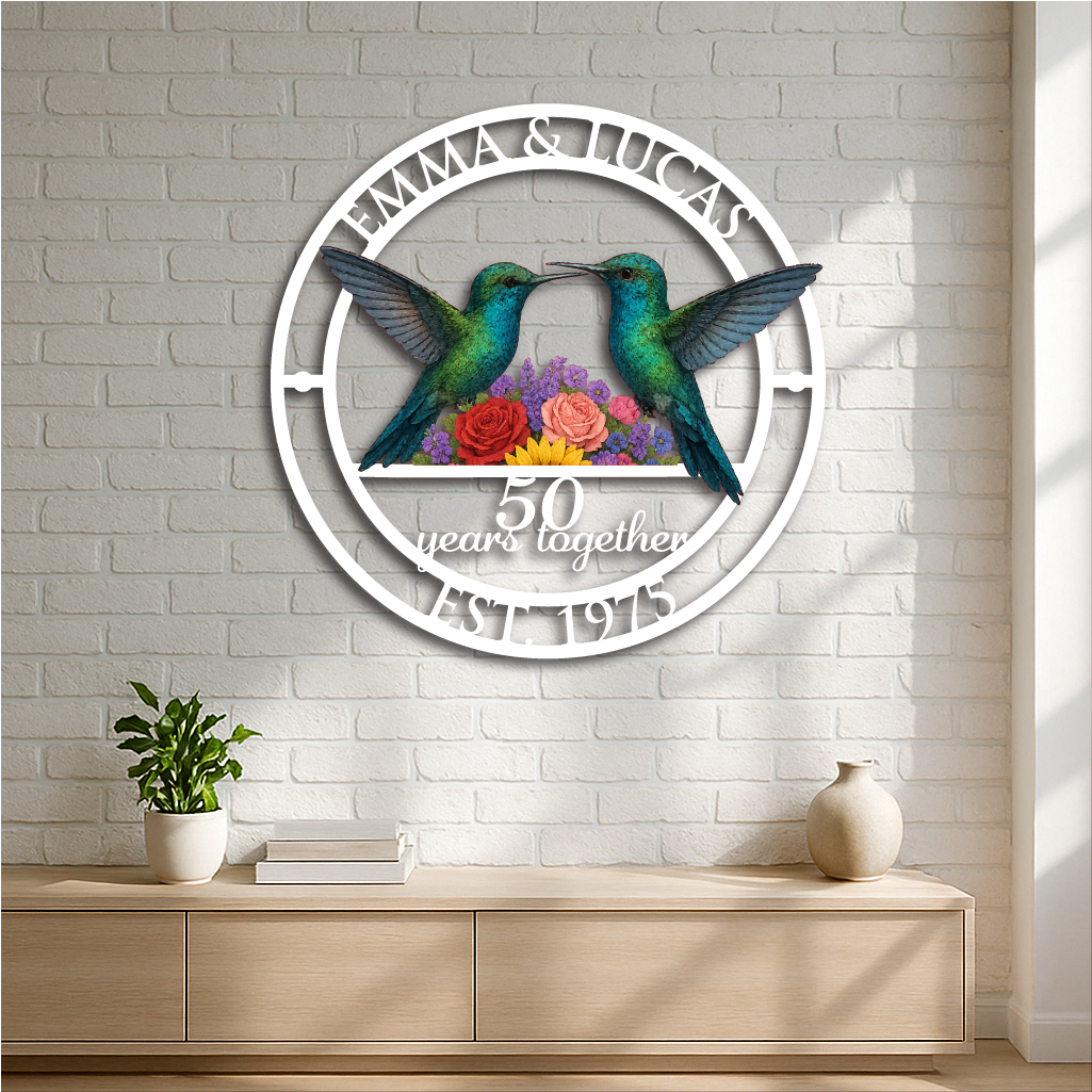 Personalized Hummingbird Anniversary Metal Sign – Custom Names & Year