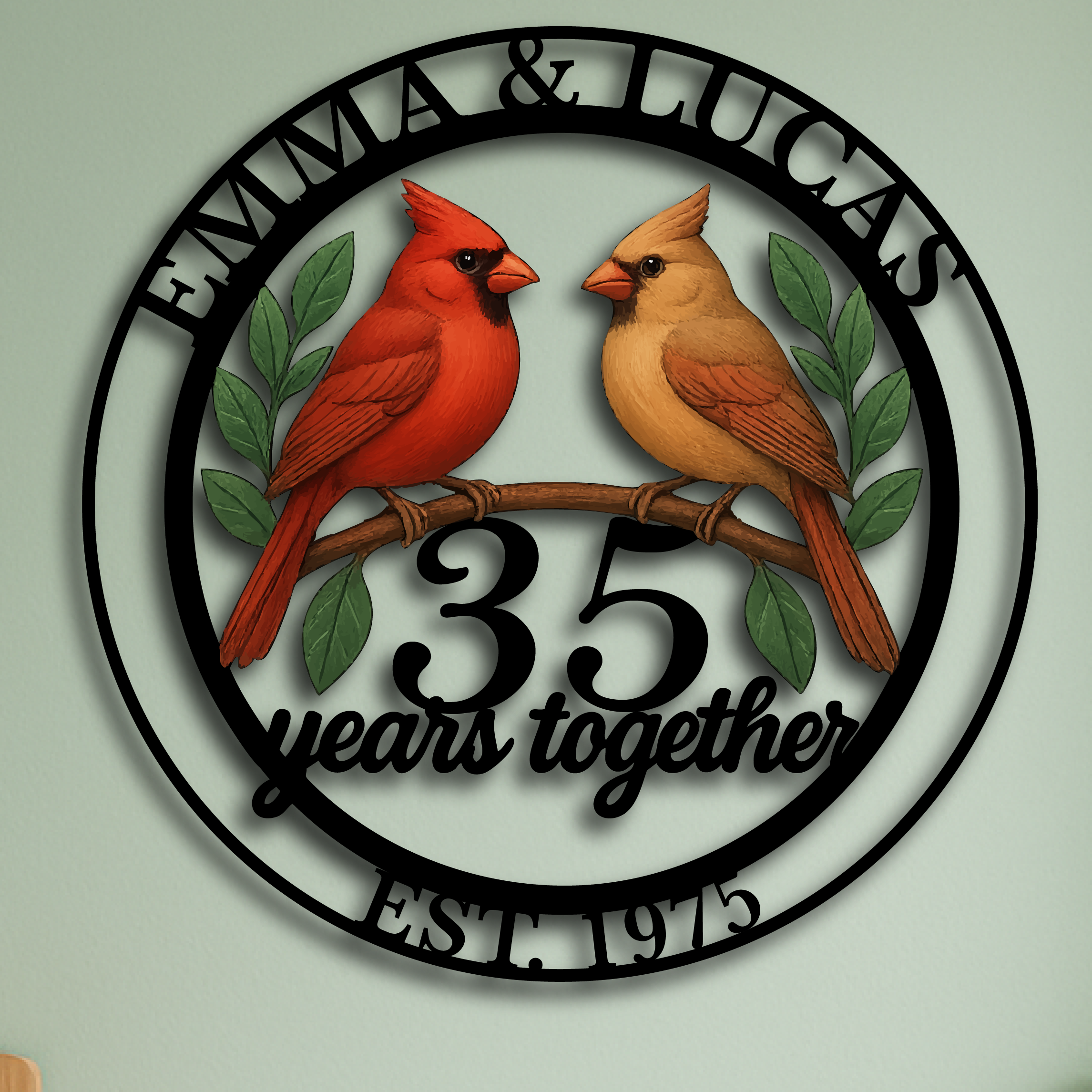 Custom Cardinal Couple Anniversary Sign – Personalized Metal Wall Art with Names, Year & Milestone