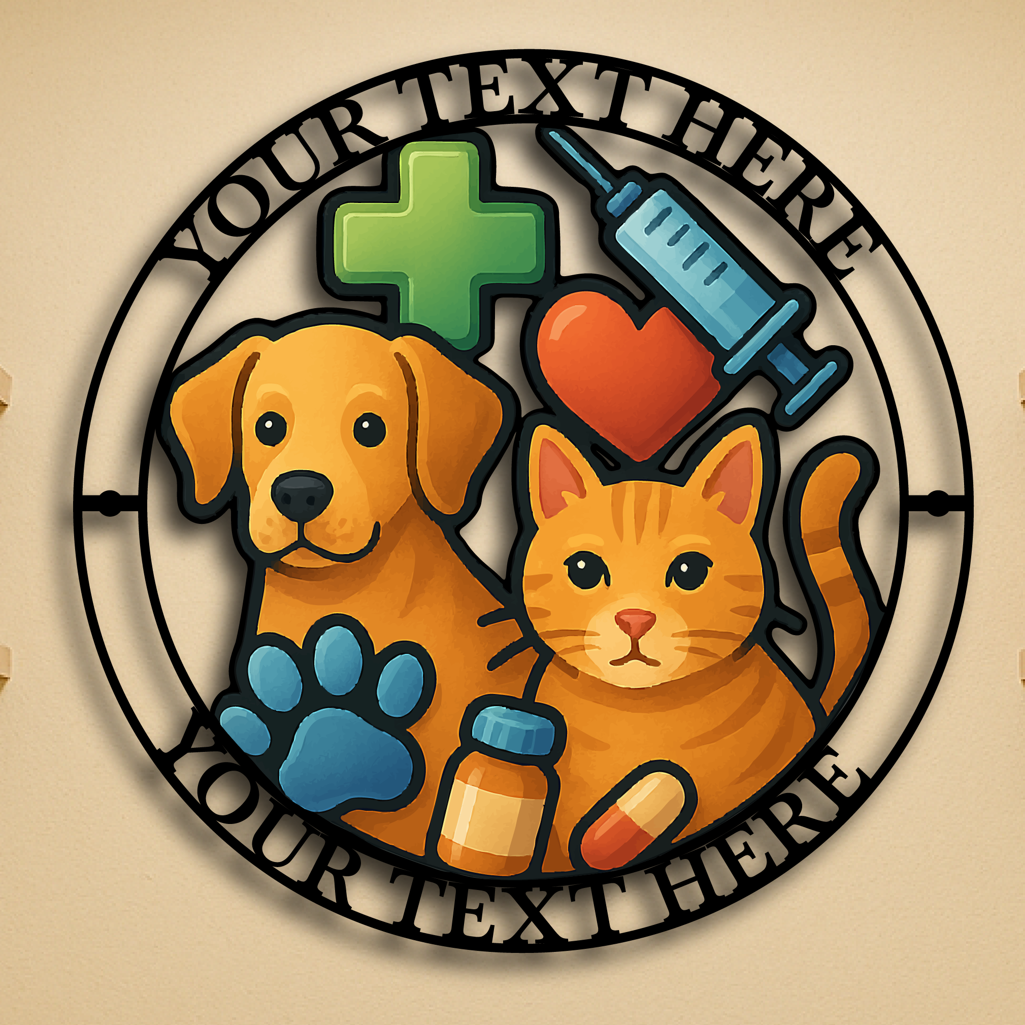 Custom Veterinary Clinic Metal Sign – Personalized Vet Wall Art with Pets & Medical Symbols