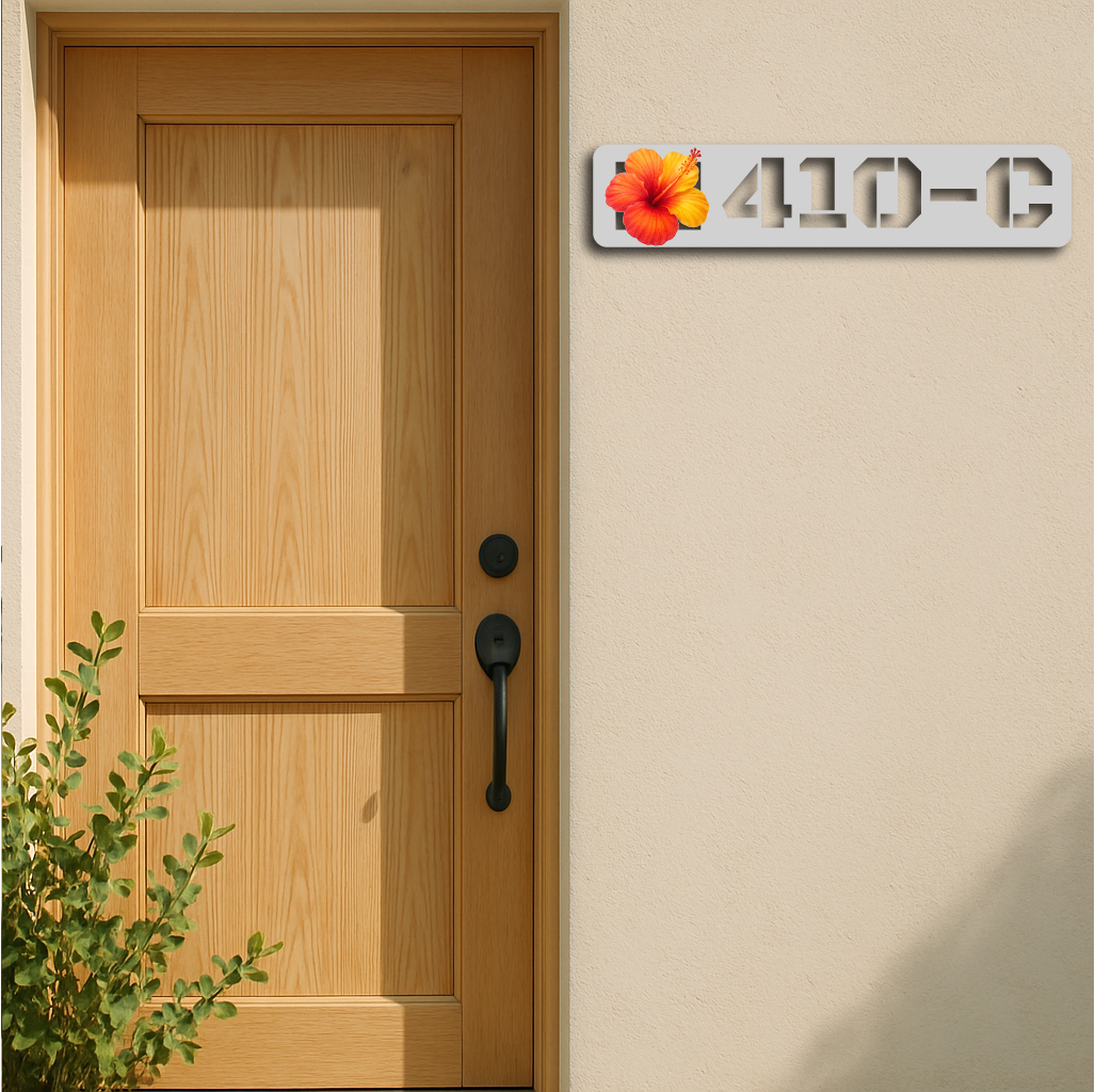 Custom Hibiscus House Number Sign – Tropical Floral Metal Plaque