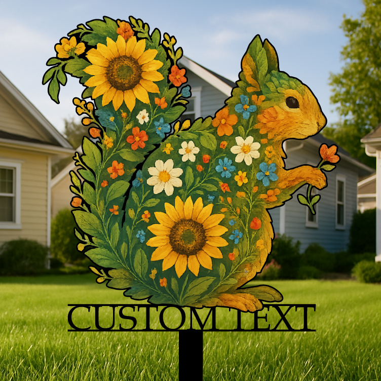 Custom Floral Squirrel Garden Sign – Personalized Yard Decoration