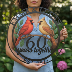 Custom Cardinal Couple Anniversary Sign – Personalized Metal Wall Art with Names, Year & Milestone